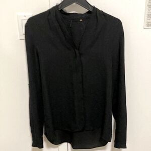 Elie Tahari Silk Black Blouse with Raw Edges, Long Sleeve,Button Front. Size XS.